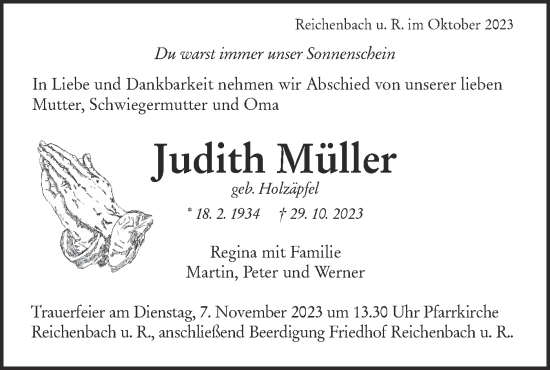 Traueranzeige von Judith Müller von NWZ Neue Württembergische Zeitung