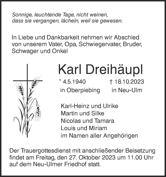 Traueranzeige von Karl Dreihäupl von SÜDWEST PRESSE Ausgabe Ulm/Neu-Ulm