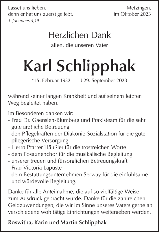 Traueranzeige von Karl Schlipphak von SÜDWEST PRESSE/SÜDWEST PRESSE