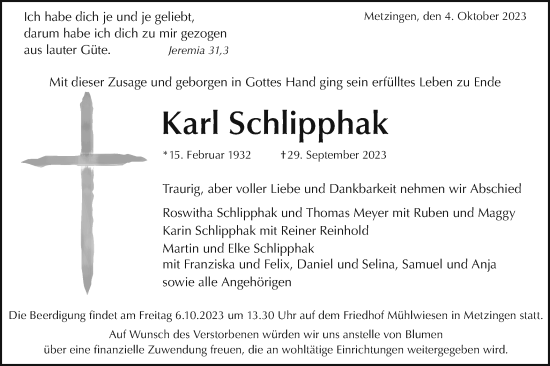 Traueranzeige von Karl Schlipphak von SÜDWEST PRESSE/SÜDWEST PRESSE