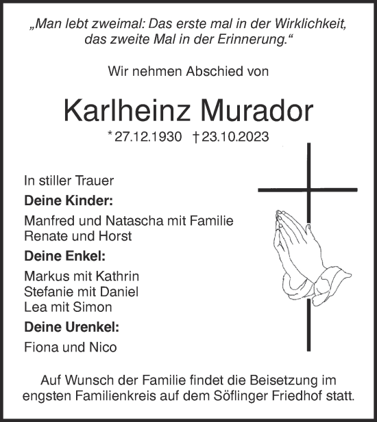 Traueranzeige von Karlheinz Murador von SÜDWEST PRESSE Ausgabe Ulm/Neu-Ulm