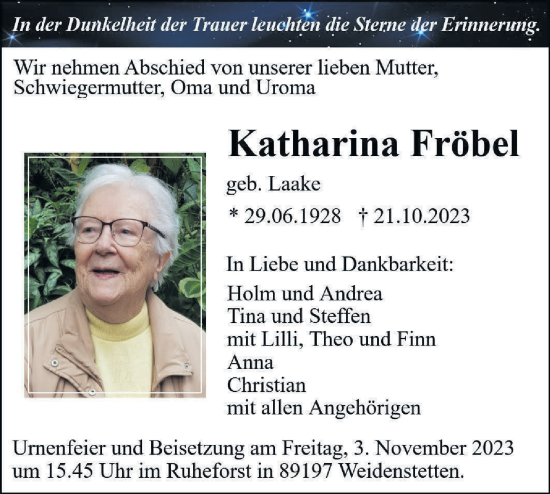 Traueranzeige von Katharina Fröbel von SÜDWEST PRESSE Ausgabe Ulm/Neu-Ulm