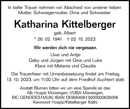 Traueranzeige von Katharina Kittelberger von SÜDWEST PRESSE/SÜDWEST PRESSE