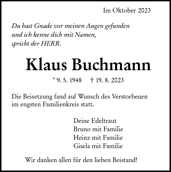 Traueranzeige von Klaus Buchmann von SÜDWEST PRESSE/SÜDWEST PRESSE