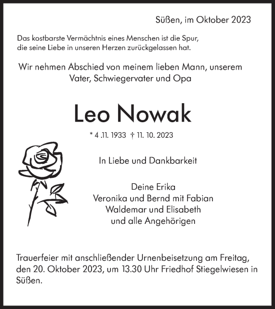 Traueranzeige von Leo Nowak von NWZ Neue Württembergische Zeitung