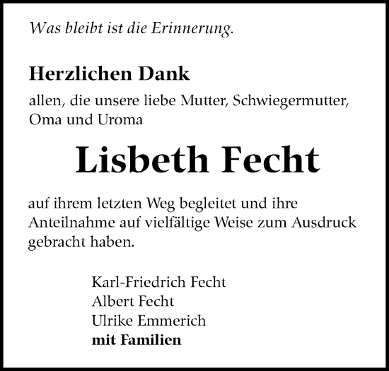 Traueranzeige von Lisbeth Fecht von SÜDWEST PRESSE/SÜDWEST PRESSE