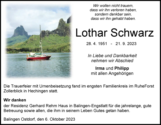 Traueranzeige von Lothar Schwarz von Hohenzollerische Zeitung