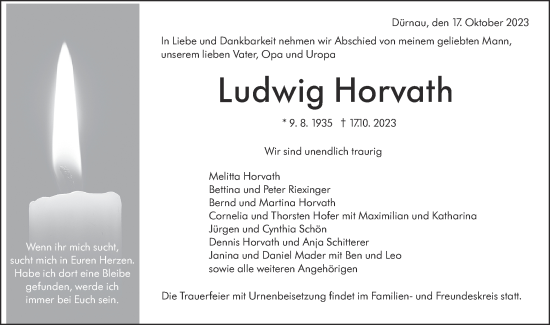 Traueranzeige von Ludwig Horvath von NWZ Neue Württembergische Zeitung