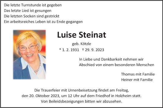 Traueranzeige von Luise Steinat von NWZ Neue Württembergische Zeitung