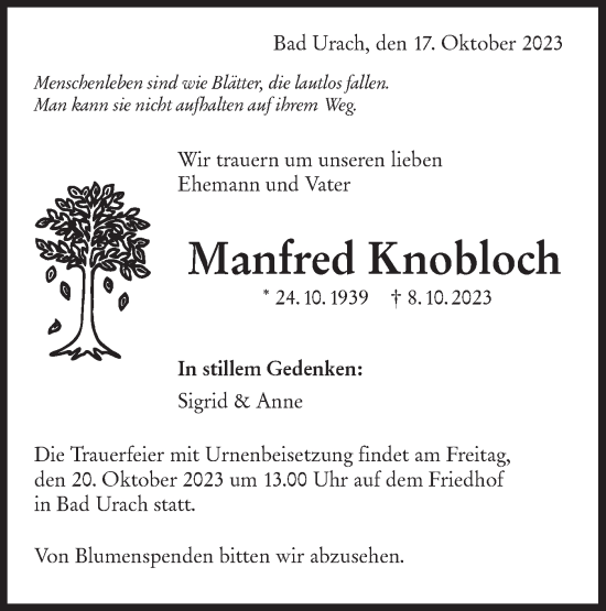 Traueranzeige von Manfred Knobloch von SÜDWEST PRESSE/SÜDWEST PRESSE