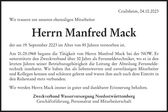 Traueranzeige von Manfred Mack von Rundschau Gaildorf/Hohenloher Tagblatt