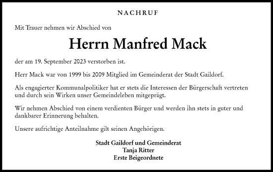 Traueranzeige von Manfred Mack von Rundschau Gaildorf