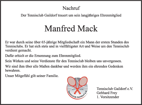 Traueranzeige von Manfred Mack von Rundschau Gaildorf