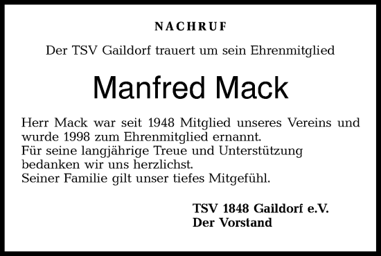 Traueranzeige von Manfred Mack von Rundschau Gaildorf