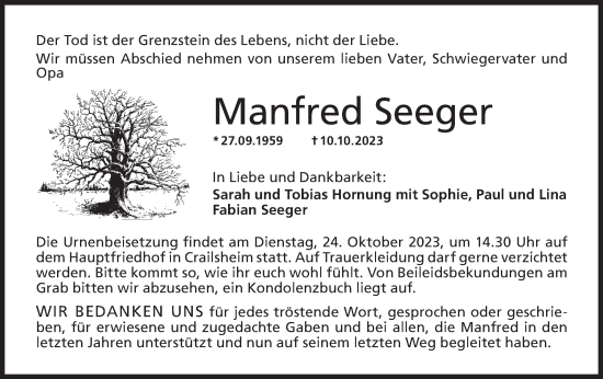 Traueranzeige von Manfred Seeger von Hohenloher Tagblatt