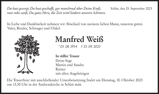 Traueranzeige von Manfred Weiß von NWZ Neue Württembergische Zeitung