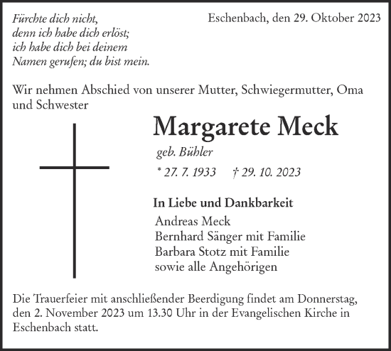 Traueranzeige von Margarete Meck von NWZ Neue Württembergische Zeitung