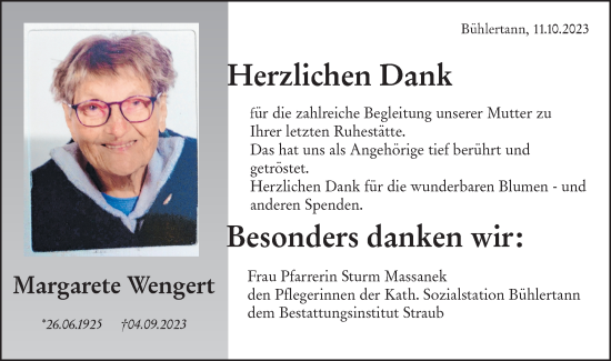 Traueranzeige von Margarete Wengert von Haller Tagblatt