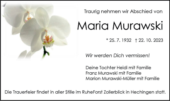 Traueranzeige von Maria Murawski von Hohenzollerische Zeitung