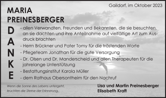 Traueranzeige von Maria Preinesberger von Rundschau Gaildorf