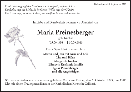 Traueranzeige von Maria Preinesberger von Rundschau Gaildorf