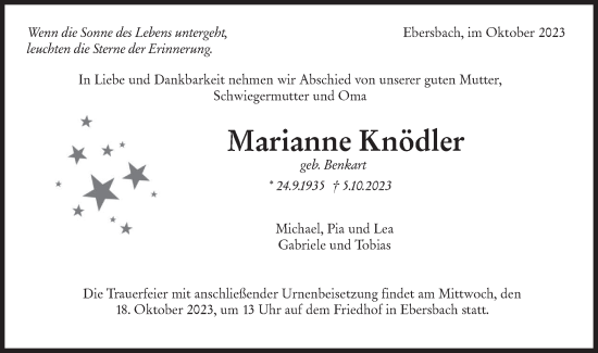 Traueranzeige von Marianne Knödler von NWZ Neue Württembergische Zeitung