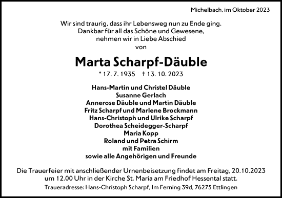 Traueranzeige von Marta Scharpf-Däuble von Haller Tagblatt