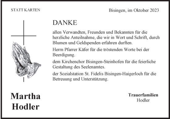 Traueranzeige von Martha Hodler von Hohenzollerische Zeitung