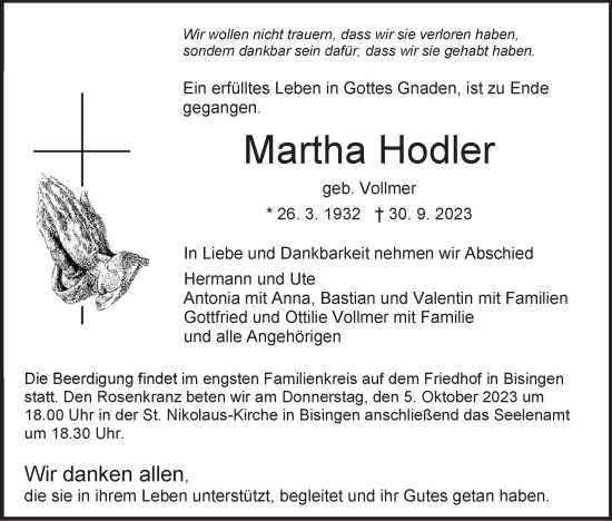 Traueranzeige von Martha Hodler von Hohenzollerische Zeitung