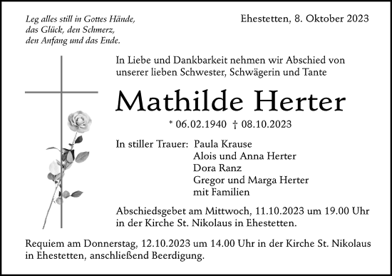 Traueranzeige von Mathilde Herter von Alb-Bote/Metzinger-Uracher Volksblatt