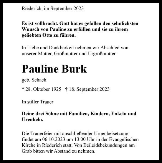 Traueranzeige von Pauline Burk von Alb-Bote/Metzinger-Uracher Volksblatt