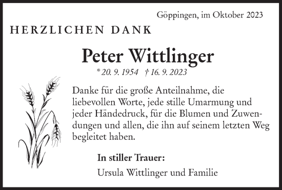 Traueranzeige von Peter Wittlinger von NWZ Neue Württembergische Zeitung