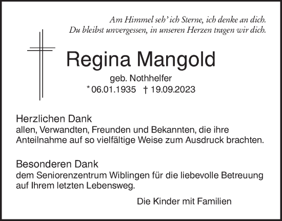 Traueranzeige von Regina Mangold von SÜDWEST PRESSE Ausgabe Ulm/Neu-Ulm