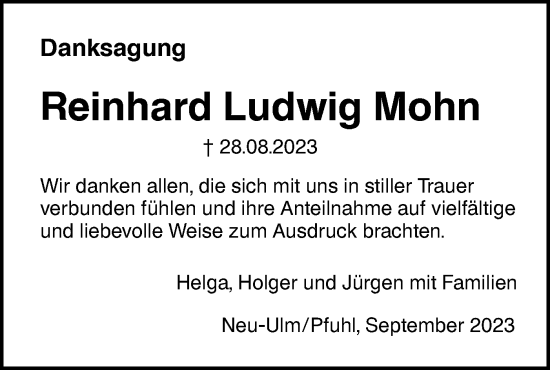 Traueranzeige von Reinhard Ludwig Mohn von SÜDWEST PRESSE Ausgabe Ulm/Neu-Ulm