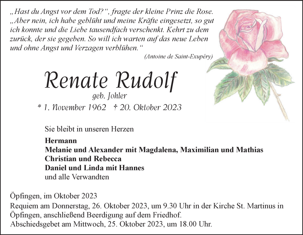  Traueranzeige für Renate Rudolf vom 24.10.2023 aus Ehinger Tagblatt