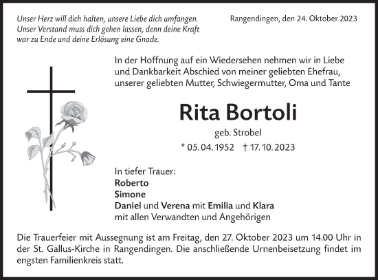 Traueranzeige von Rita Bortoli von Hohenzollerische Zeitung