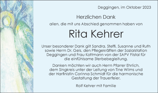 Traueranzeige von Rita Kehrer von Geislinger Zeitung