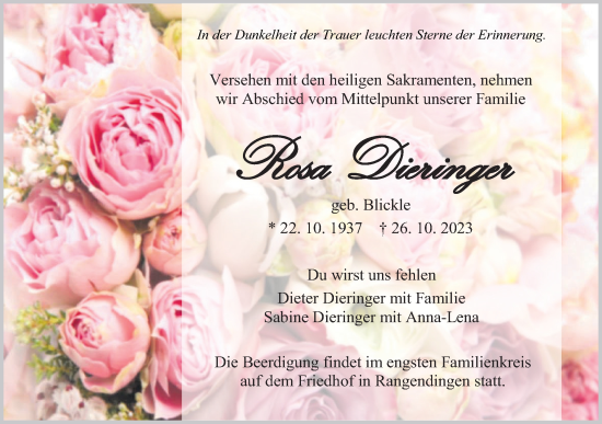 Traueranzeige von Rosa Dieringer von Hohenzollerische Zeitung