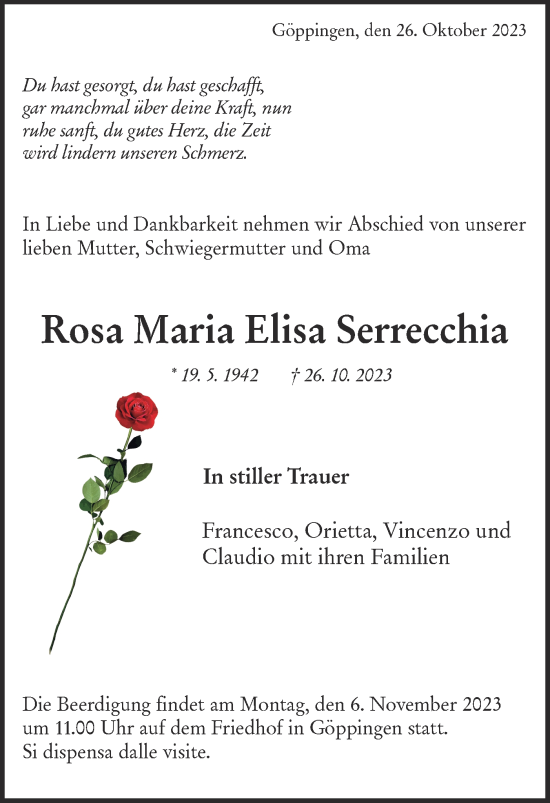 Traueranzeige von Rosa Maria Elisa Serrecchia von NWZ Neue Württembergische Zeitung