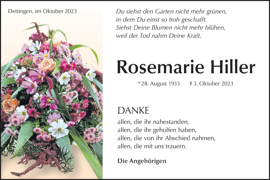 Traueranzeige von Rosemarie Hiller von SÜDWEST PRESSE/SÜDWEST PRESSE