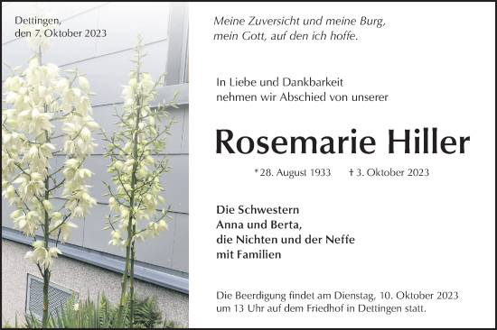 Traueranzeige von Rosemarie Hiller von SÜDWEST PRESSE/SÜDWEST PRESSE