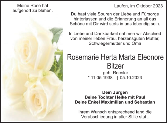 Traueranzeige von Rosemarie Herta Marta Eleonore Bitzer von Hohenzollerische Zeitung