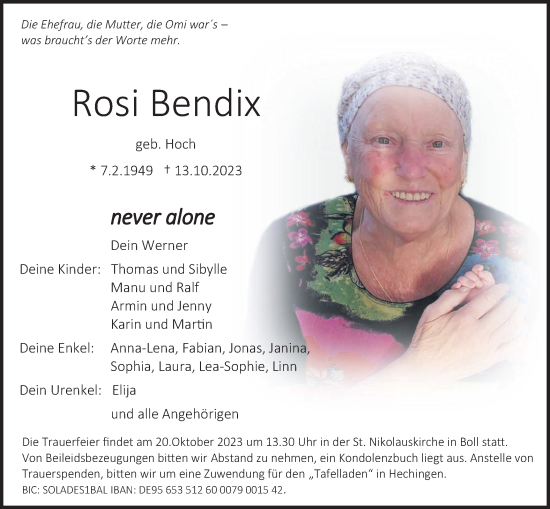 Traueranzeige von Rosi Bendix von Hohenzollerische Zeitung