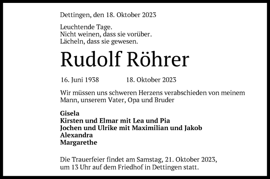 Traueranzeige von Rudolf Röhrer von Alb-Bote/Metzinger-Uracher Volksblatt