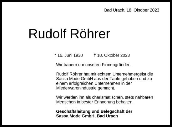 Traueranzeige von Rudolf Röhrer von SÜDWEST PRESSE/SÜDWEST PRESSE