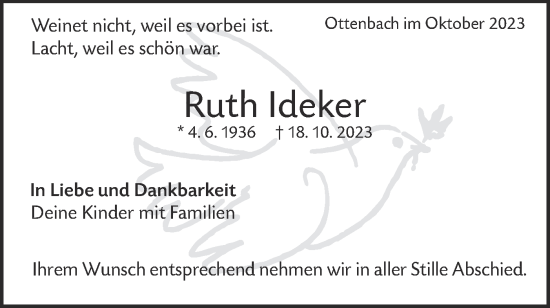 Traueranzeige von Ruth Ideker von NWZ Neue Württembergische Zeitung