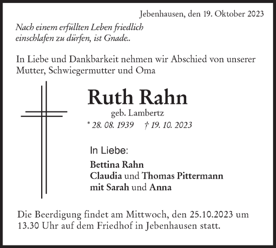 Traueranzeige von Ruth Rahn von NWZ Neue Württembergische Zeitung