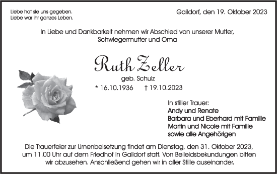 Traueranzeige von Ruth Zeller von Rundschau Gaildorf