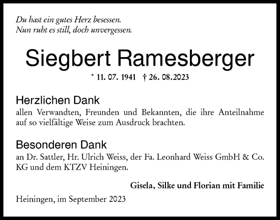 Traueranzeige von Siegbert Ramesberger von NWZ Neue Württembergische Zeitung