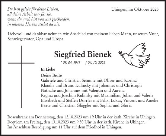 Traueranzeige von Siegfried Bienek von NWZ Neue Württembergische Zeitung